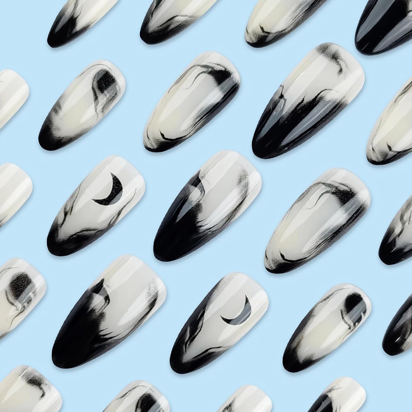 Press on Nails Medium Almond Fake Nails Glossy Glue on Nails Goth Black Ombre Acrylic Nails Stiletto Artificial Nails Gothic Moon Stick on False Nails with Design 24 Pcs