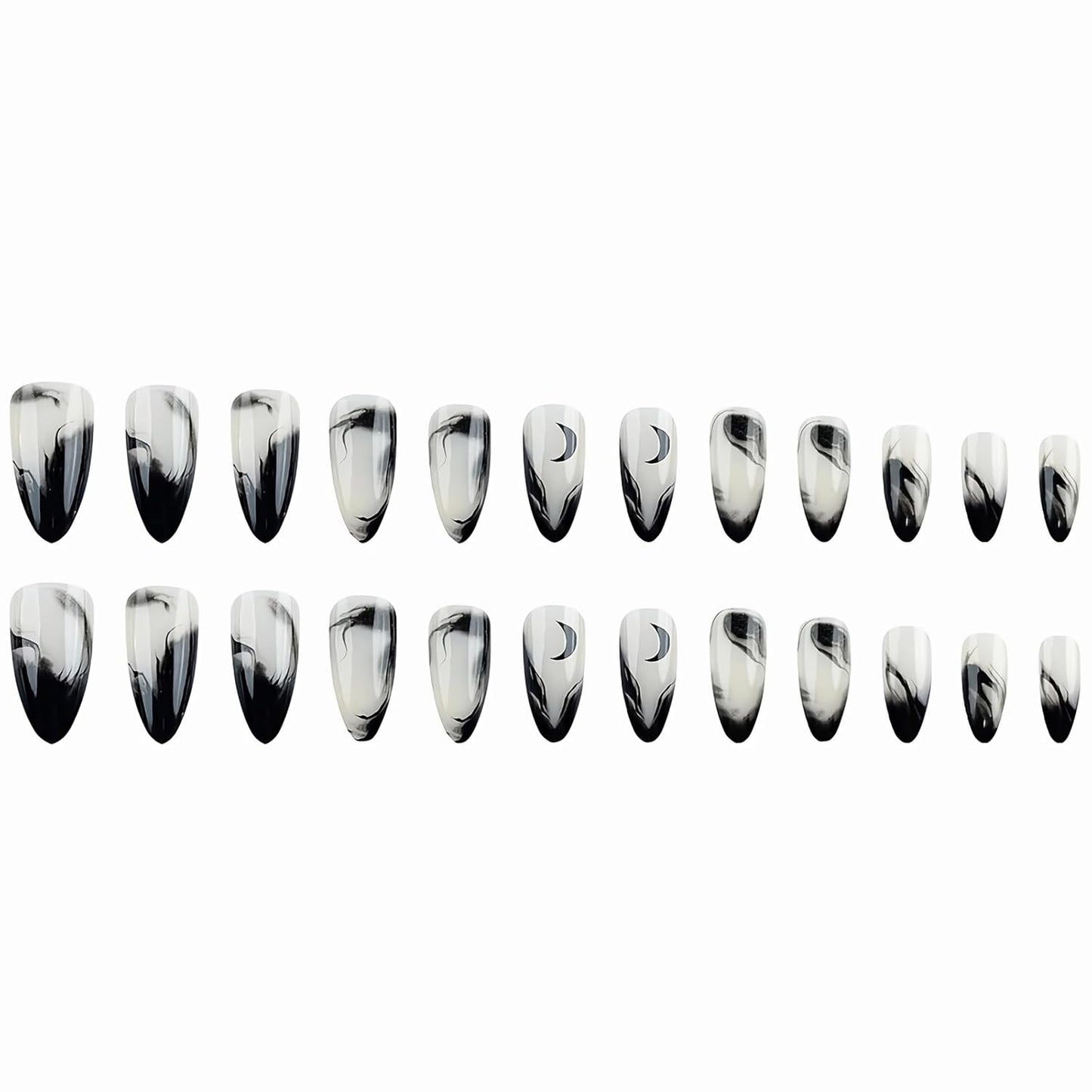 Press on Nails Medium Almond Fake Nails Glossy Glue on Nails Goth Black Ombre Acrylic Nails Stiletto Artificial Nails Gothic Moon Stick on False Nails with Design 24 Pcs