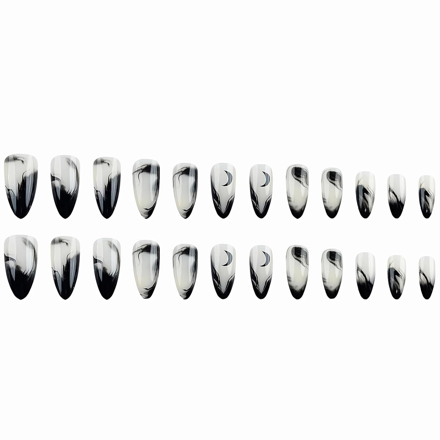 Press on Nails Medium Almond Fake Nails Glossy Glue on Nails Goth Black Ombre Acrylic Nails Stiletto Artificial Nails Gothic Moon Stick on False Nails with Design 24 Pcs