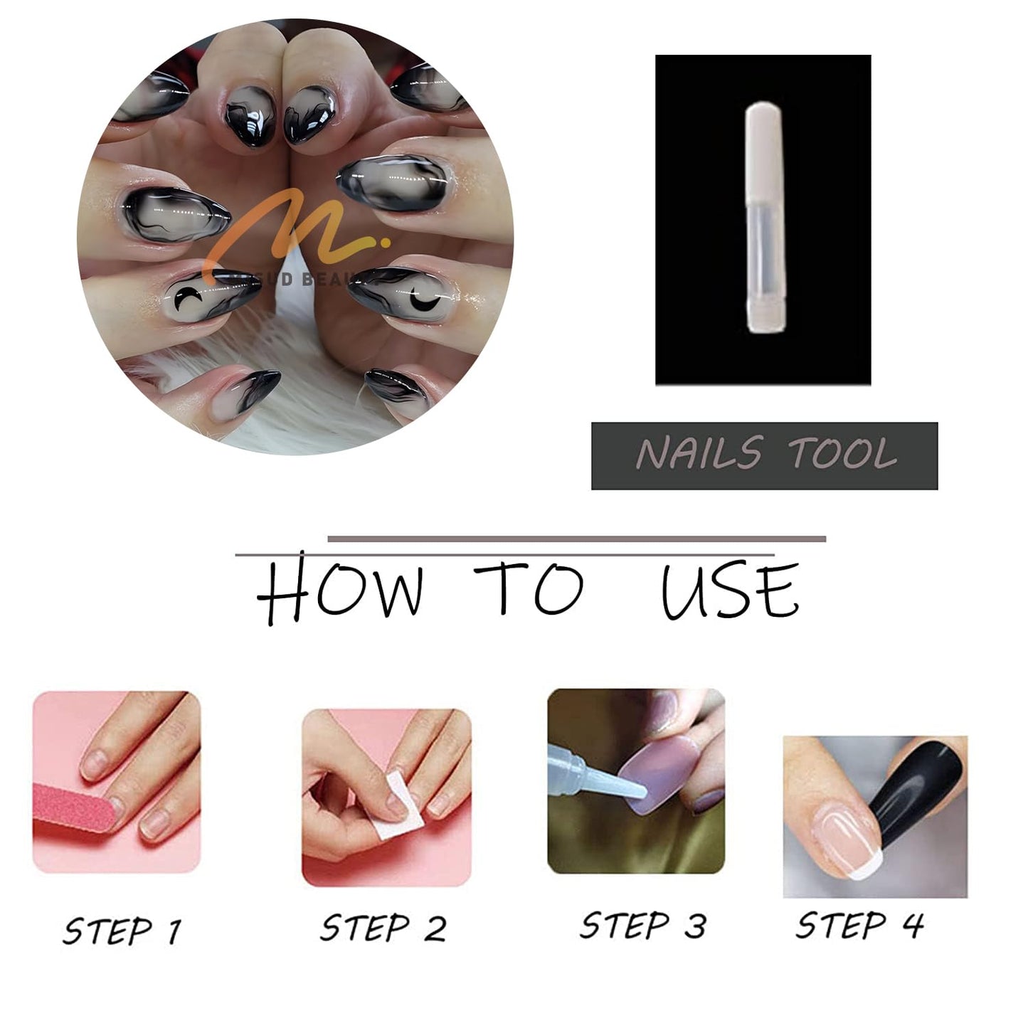 Press on Nails Medium Almond Fake Nails Glossy Glue on Nails Goth Black Ombre Acrylic Nails Stiletto Artificial Nails Gothic Moon Stick on False Nails with Design 24 Pcs